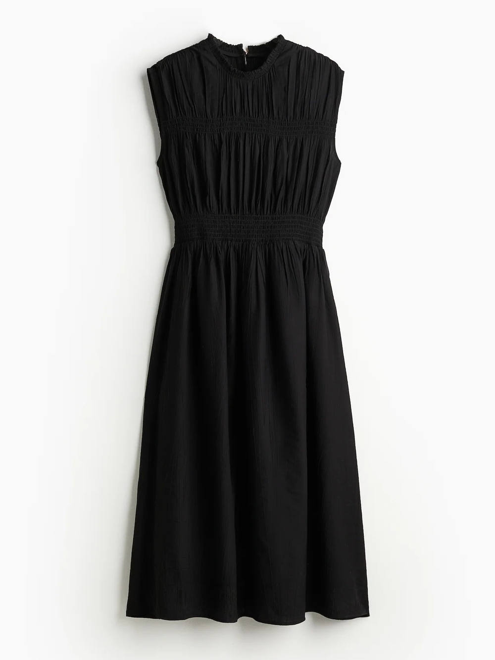 H&M Black Sleeveless Smocked Midi Dress Crinkled Fabric XS